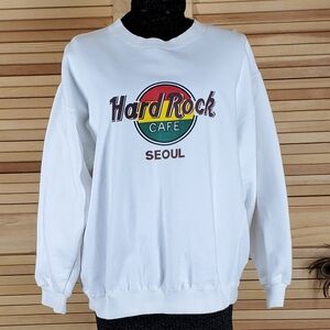 Hard Rock Cafe White Crewneck Men's Sweatshirt with Multicolor Logo Seoul Korea